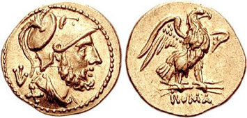 Золотая монета номиналом 60 асс 211-208 гг. до н.э. на которой изображены бог Марс и орел Юпитера.