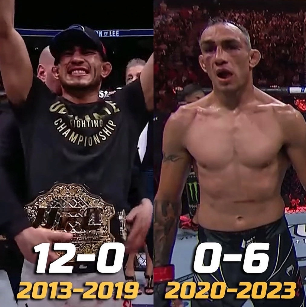 Мысли пояснялыча🗣
Тони Фергюсон выиграл временный титул UFC в лёгком весе на UFC 216 (октябрь 2016 года) победив Кевина Ли , оформив тем самым, свою 10-ю победу подряд в UFC. Он вызвал Макгрегора в интервью после боя, но этому так и не суждено было случиться. 
Также навечно в сердцах и умах фанатов останется вопрос, кто же круче, Тони или Хабиб

Прошлой ночью на UFC 291 Тони Фергюсон потерпел свое 6-е подряд поражение в UFC (4 финиша).
Выглядил он как блеклая тень прежнего себя, медленный, в глаза бросалось отсутствие уверенности, нет собранности в действиях, ужасная реакция и тайминг..

Тони Фергюсон сделал многое и дал нам зрелищные бои. Но всё же пора на заслуженный отдых, каждый последующий бой- ещё одна ступенька на пути к серьезным проблема со здоровьем и скорой смерти.

Спасибо, Эль Кукуй ✊👺