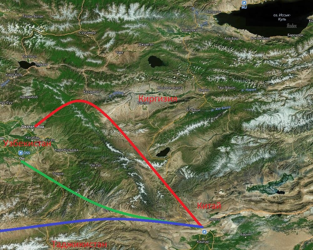 Варианты строительства железных дорог в районе Кашгар – Ферганская долина: 1) красный (который и будут реализовывать): Кашгар – Джалал-Абад мимо Казармана (Киргизия), 2) зелёный: Кашгар – Ош, 3) синий: Кашгар – Душанбе (Таджикистан). Скорее всего, первый вариант продавили именно киргизы - в перспективе возможно строительство железной дороги до столицы Киргизии, Бишкека.