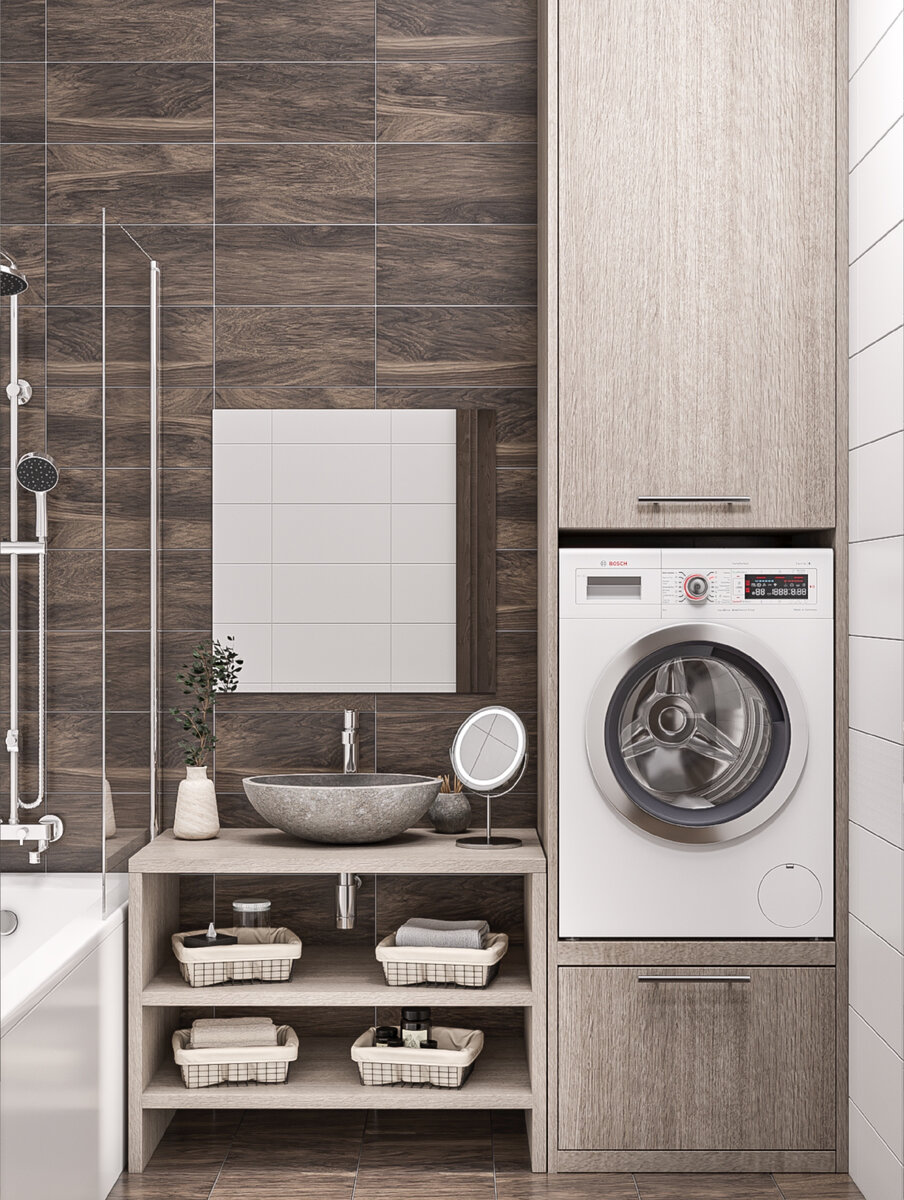 Вид на тумбу с раковиной и колонну с техникой в ванной комнате.