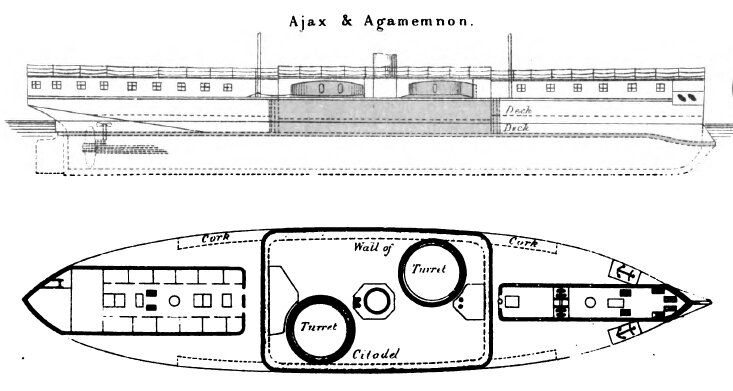 Вид справа и план из военно-морского ежегодника Брасси, 1886 г.