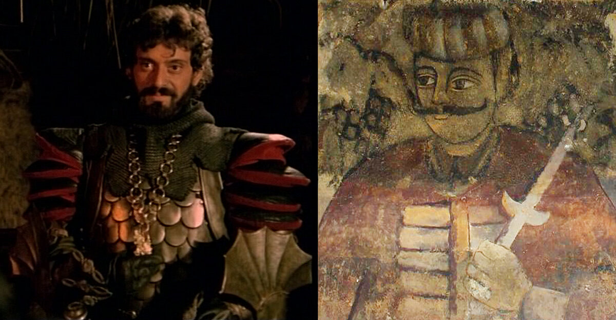 Слева – кадр из фильма "Мирча", где показан отец Дракулы в "драконьих доспехах". Справа – прижизненный портрет отца Дракулы (Изображения из открытых источников и из личного архива автора статьи)