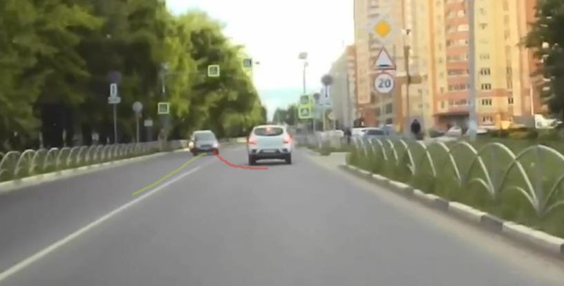 Зелёная линия - куда должны быть повёрнуты колёса. Красная - куда не надо поворачивать колёса.