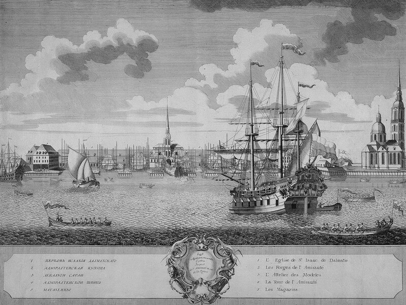 Набережная левого берега Невы и вид на Адмиралтейство. 1725 год. Гравюра Эллигера Оттомара с рисунка Христофора Марселиуса.