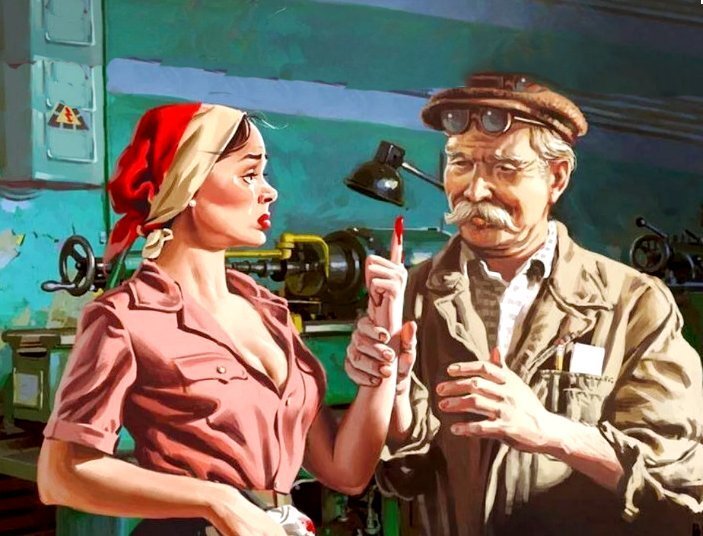 Плакат в стиле  советский пип-ап."Соблюдай технику безопасности" Автор Валерий Барыкин