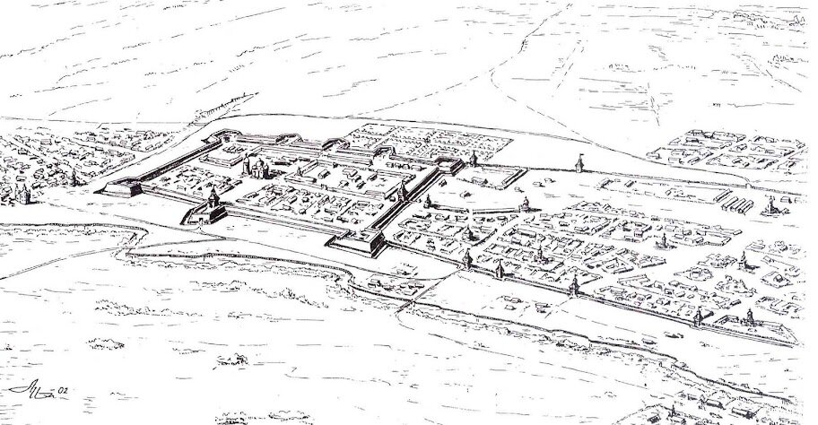 Графическая реконструкция Белгородской крепости на берегу реки Везеница по чертежу 1730 года.