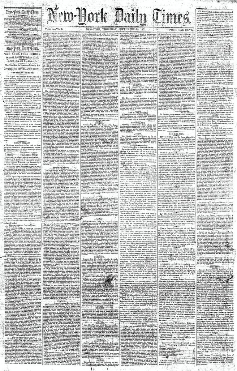 Первая страница газеты от 18 сентября 1851. фото взято с ru.wikipedia.org
