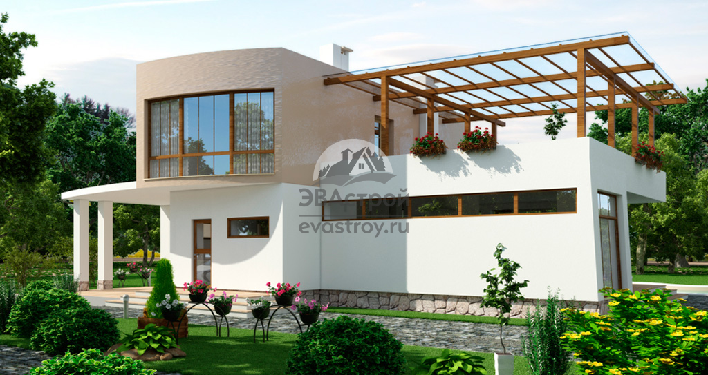 Проект двухэтажного коттеджа 155 м2 с навесом, балконом и террасой на втором этаже - 102-48