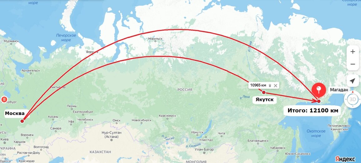 Яндекс карта: расстояние от Москвы до Магадана
