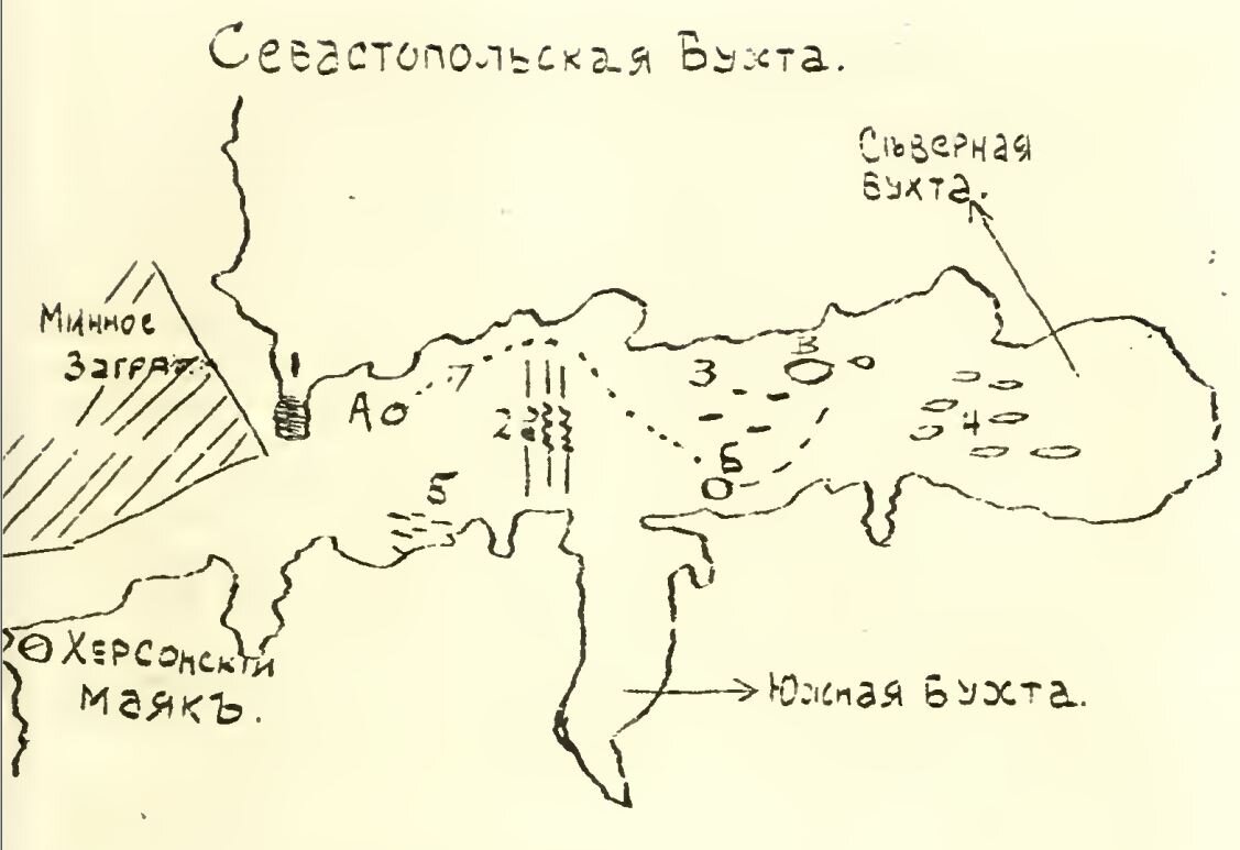 Чертежи - схема бухты, при сем прилагаемая сделана мною (ст. л-том М.Ю. Горденевым – примечание БИТ) по памяти. Места лодки и вероятный её курс - нанесены согласно словами Кремса. 1. Батарея Константиновская; 2. Боны, разводящиеся по середине; 3, 4 и 5 - места других судов, наблюдаемых подводной лодкой UB-7; А - Первое место подводной лодки UB-7; Б - Второе место подводной лодки UB-7; В - Место стоянки «Императрицы Марии»; Пунктирная линия - вероятный путь лодки UB-7. ПРИМЕЧАНИЕ: насколько удержалось в памяти - был проход между бонами и северным берегом.