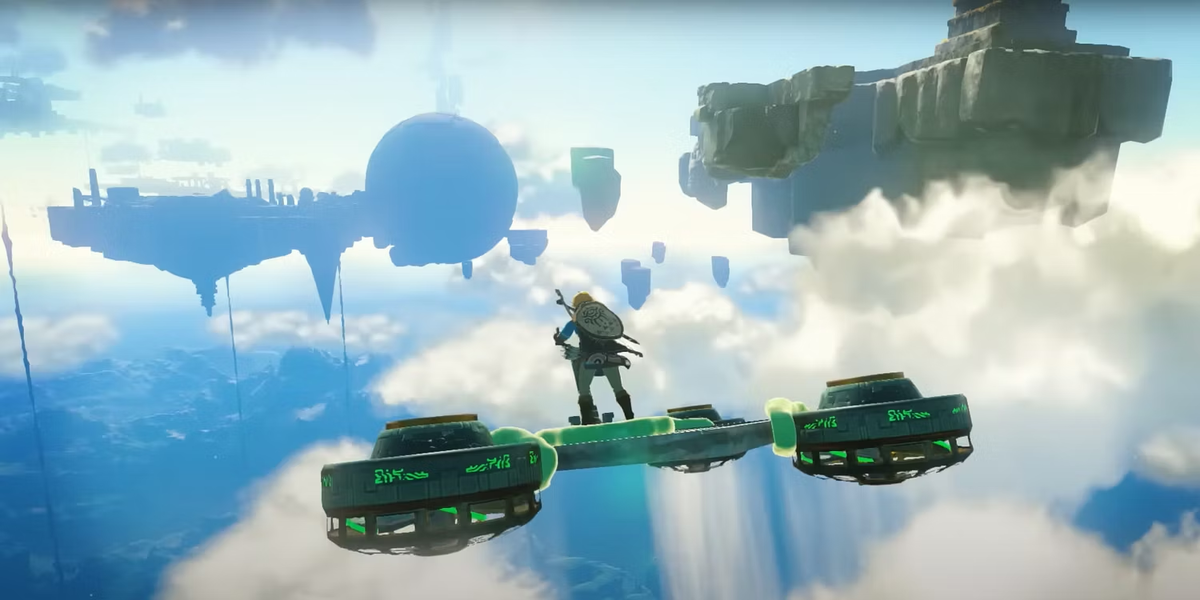 Линк стоит на летающей машине в воздухе в Слезах Королевства