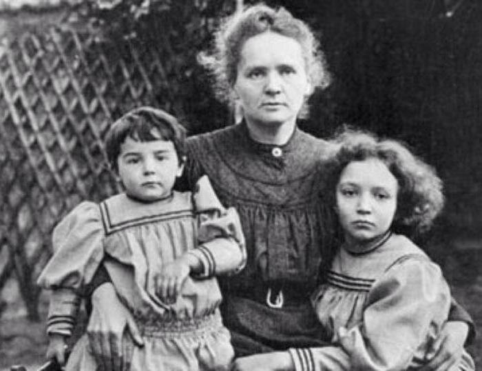 Мария Кюри с дочерьми Евой (слева) и Ирен (справа)