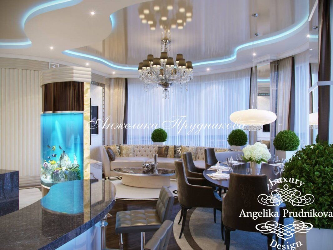 На фото: Кухня-гостиная-столовая в двухуровневой квартире в ЖК «Дубровка» в Новой Москве