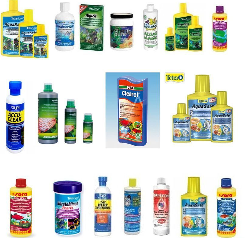 Различные химические препараты для аквариумов. Источник изображения: https://vodyanoy86.ru/thumb/2/Xv8e4P3I5MXw7TGrVD1f6A/r/d/sredstva_dlya_vody.jpg