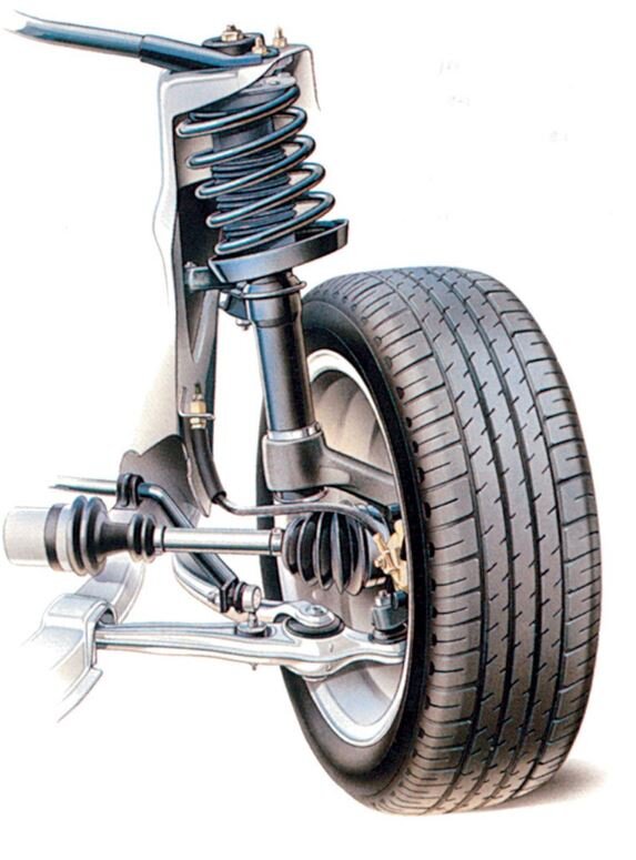 Передняя подвеска. Представляет собой классику для переднеприводных авто — стойки Макферсона.