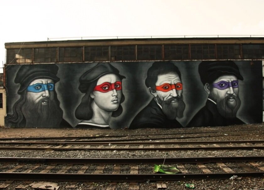 Граффити художника Оуэна Диппи в Нью-Йорке. Слева-направо: Леонардо да Винчи, Рафаэль Санти, Микеланджело Буонарроти, Донателло.