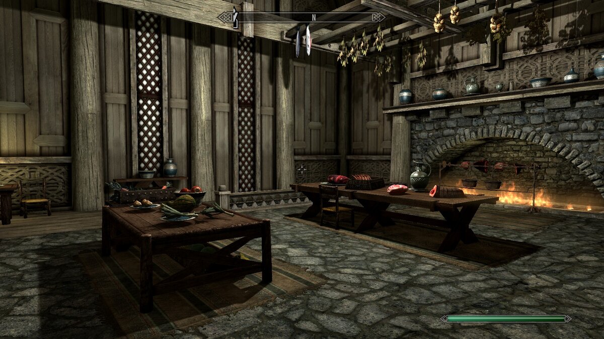 Не доходя до трона ярла сворачиваем налево, в кухню. Под стеной комнаты - лестница вниз