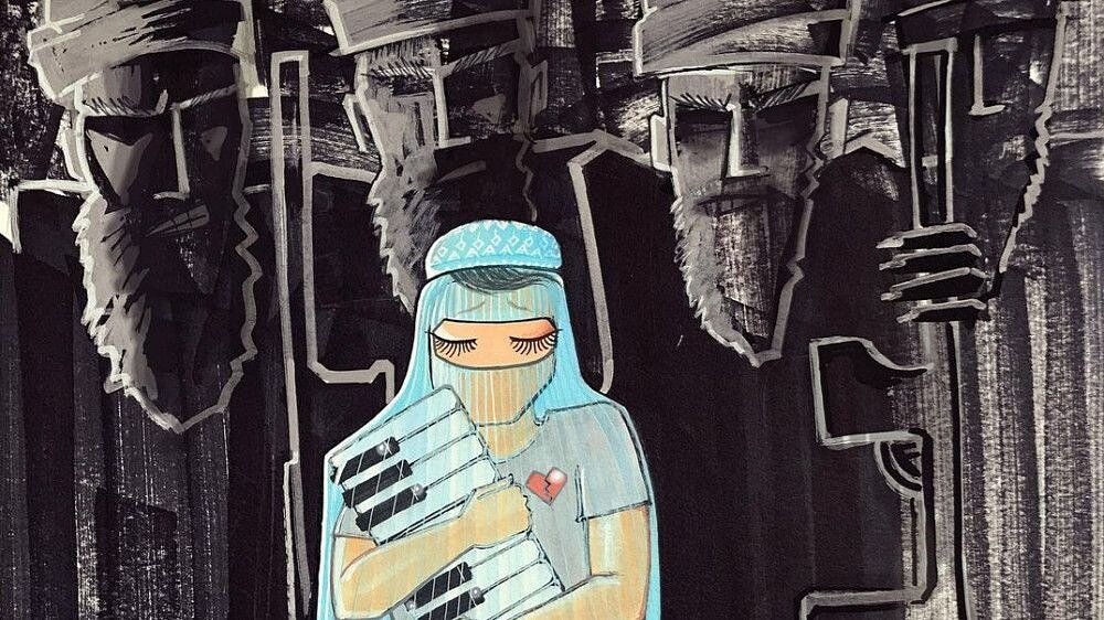 Картина афганской художницы Шамсии Хассани, стращающей талибами прогрессивное (это не комплимент) человечество. Демонизация талибов-мужчин и освящение женщин, разумеется, жертв – это наше всё.