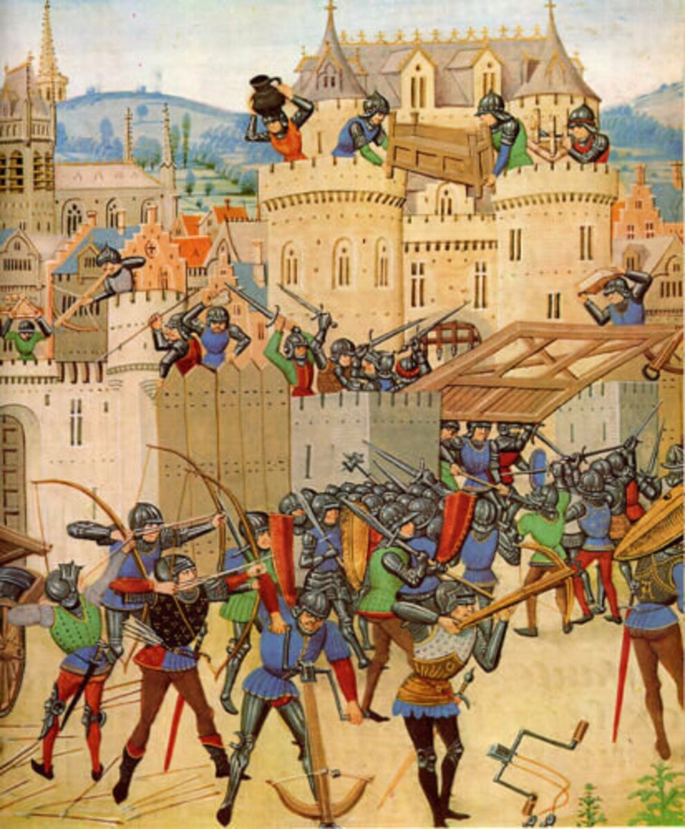 10 15 век. Штурм замка Средневековая миниатюра. Междоусобные войны Европы средневековье.