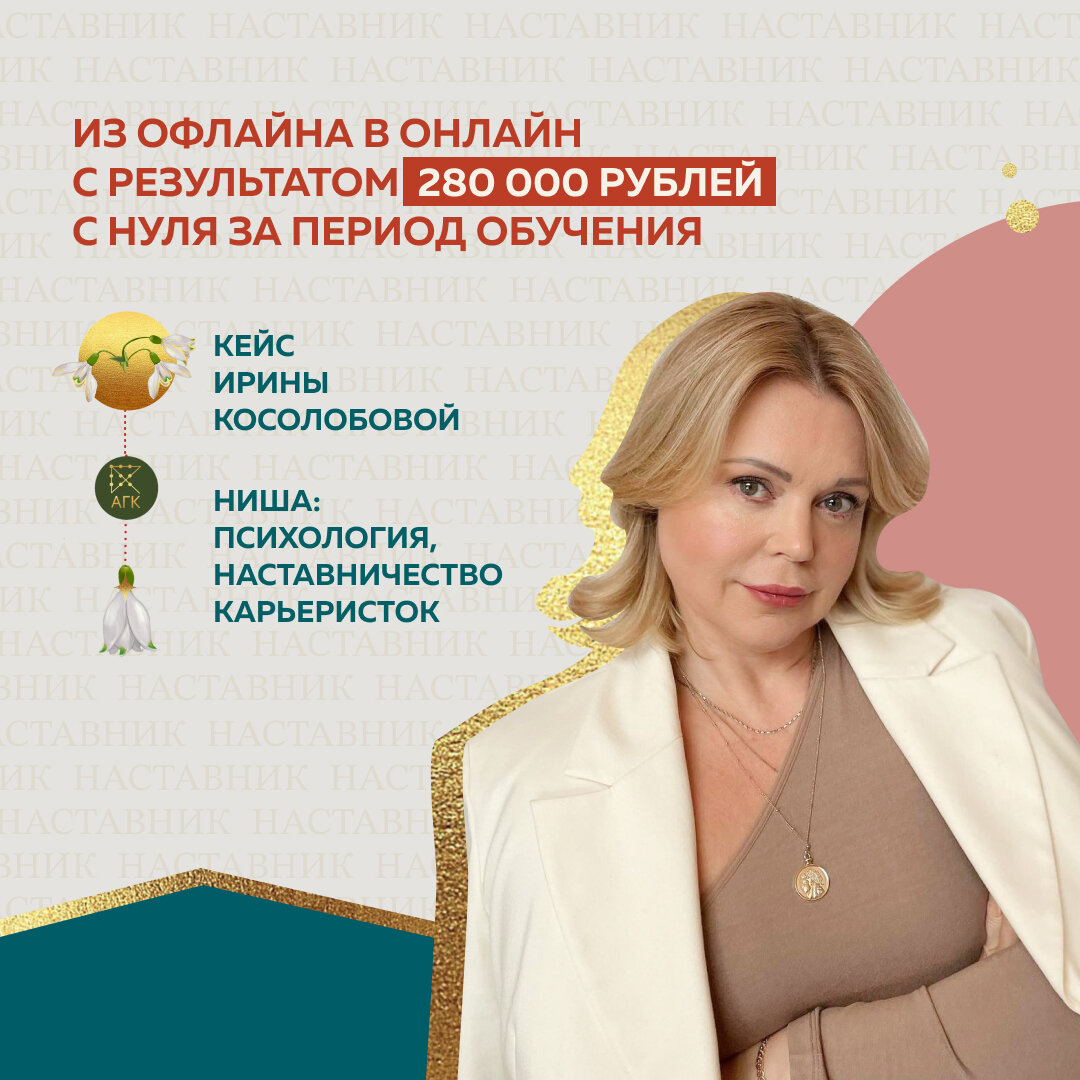 Кейс Ирины Косолобовой 
Ниша — психология, Наставничество карьеристок

Перешла из корпорации в предпринимательство из офлайна в онлайн с финансовым результатом 280 000 рублей за время обучения

Точка А: корпоративная карьера, директор по маркетингу.

У меня не было клиентов и понимания своего продукта. 
И более того, были сомнения, что я смогу создать что-то успешное в онлайн-бизнесе смогу, поскольку опыта не было. 

Но наставником в офлайне была всегда: у меня были команды, люди со мной расцветали.

Почему приняла  решение пойти на курс? Послушала Александру на нескольких ее вебинарах, приятно удивилась количеству полезного контента и высочайшему профессионализму. Поняла, что мне нужен курс по Наставничеству, чтобы оформить своё предложение на рынке и выделить продающую «вишенку на торте».

На обучение ставила цель создать свой проект Наставничества с нуля и до запуска.
 
Во время обучения пришло понимание, в каком формате я хочу работать (мини-курс в 4 недели и 2 месячное сопровождение). 

Сразу же написала в своём блоге про мастермайнд и как этот формат отлично помогает получить больше решения своей задачи. 
Пришло 5 человек, и каждый ушёл с пользой. 

Мастермайнд оказался для меня отличной стартовой площадкой для приглашения клиентов в дальнейшую работу со мной в Наставничестве.

Точка Б: сейчас у меня в портфеле есть групповое и индивидуальное Наставничество, отдельная программа «Быстрые цели в гармонии» и краткосрочные сессии по решению сложных задач с помощью факт-карт. 
Фин результат — 280 тысяч руб за период обучения.

Обучение рекомендую пройти таким же, как я, корпоративным экспертам, которые хотят развивать свой собственный бренд и создавать бизнес на своей экспертности.

Переход из корпорации в предпринимательство и из офлайна в онлайн — это процесс сложный, а курс Александры поможет сделать свой продукт на профессиональном уровне.

