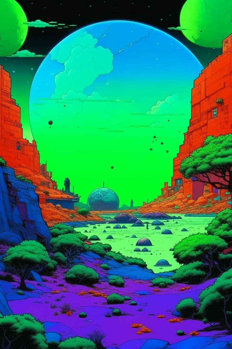 a comic panel featuring a green planet, in the style of moebius, dark violet and light red, comic strip art, georges gimel, dreamlike installations, forced perspective, lygia clark