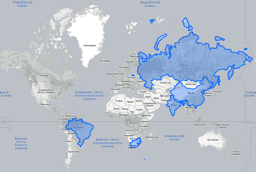 Страны БРИКС на карте. Сопоставление площадей стран на карте.