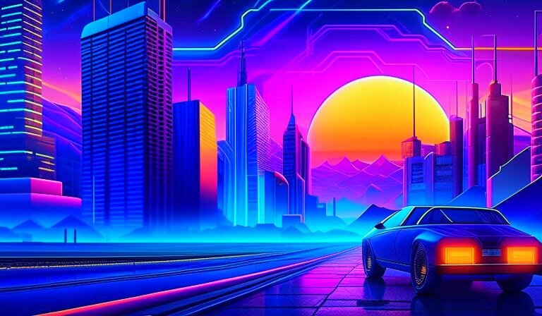 Промт: Симбиоз искусства и технологий, в стиле Retrowave. Ретровейв вижу, симбиоз не очень =)