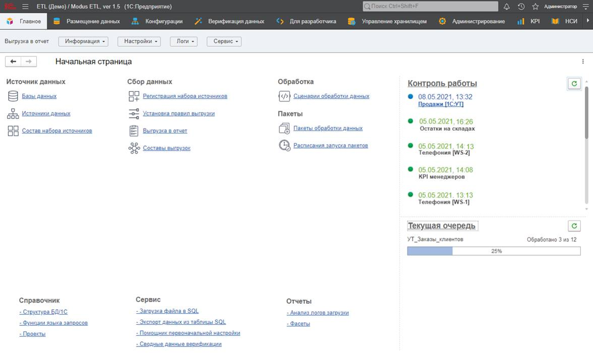 Пример админ-панели Modus ETL