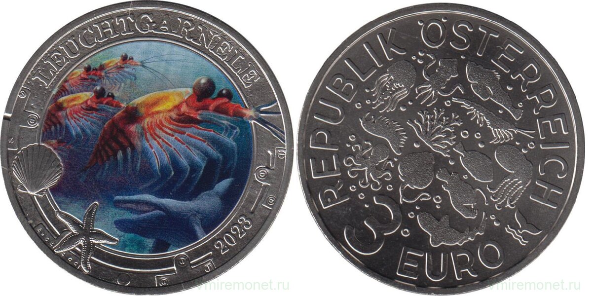 Антарктический криль. 3 евро 2023, Австрия. Медно-никелевый сплав, вес 20 г, диаметр 34 мм, толщина 2.3 мм