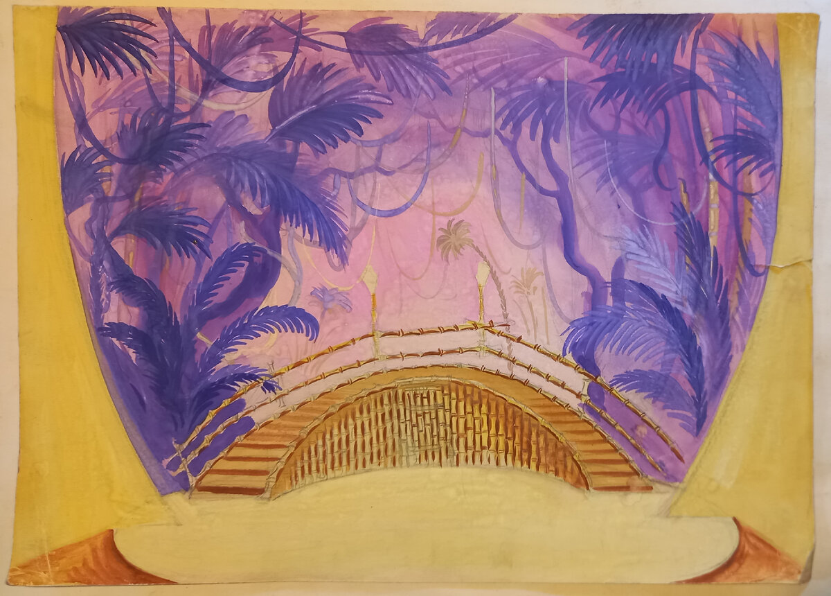 1936 г.. Художник Блинов Н. А., эскиз декорации к спектаклю Свердловской музкомедии "Чарито". Режиссер Высоцкий Э. А.. Главный художник спектакля Кюрт А. А.. Бумага (размер 41,7*30 см), гуашь. Из архива автора.