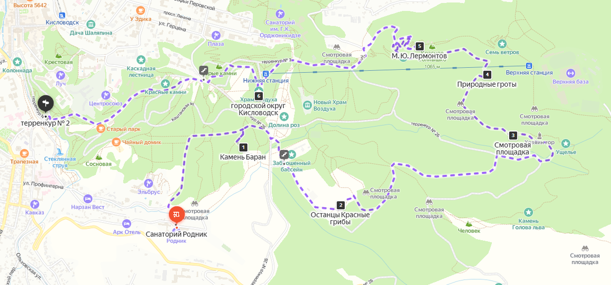 «Родник»-«Баран»-«Красные грибы»-«Гроты»-«Лермонтов»-«Храм воздуха»-«Пушкин»