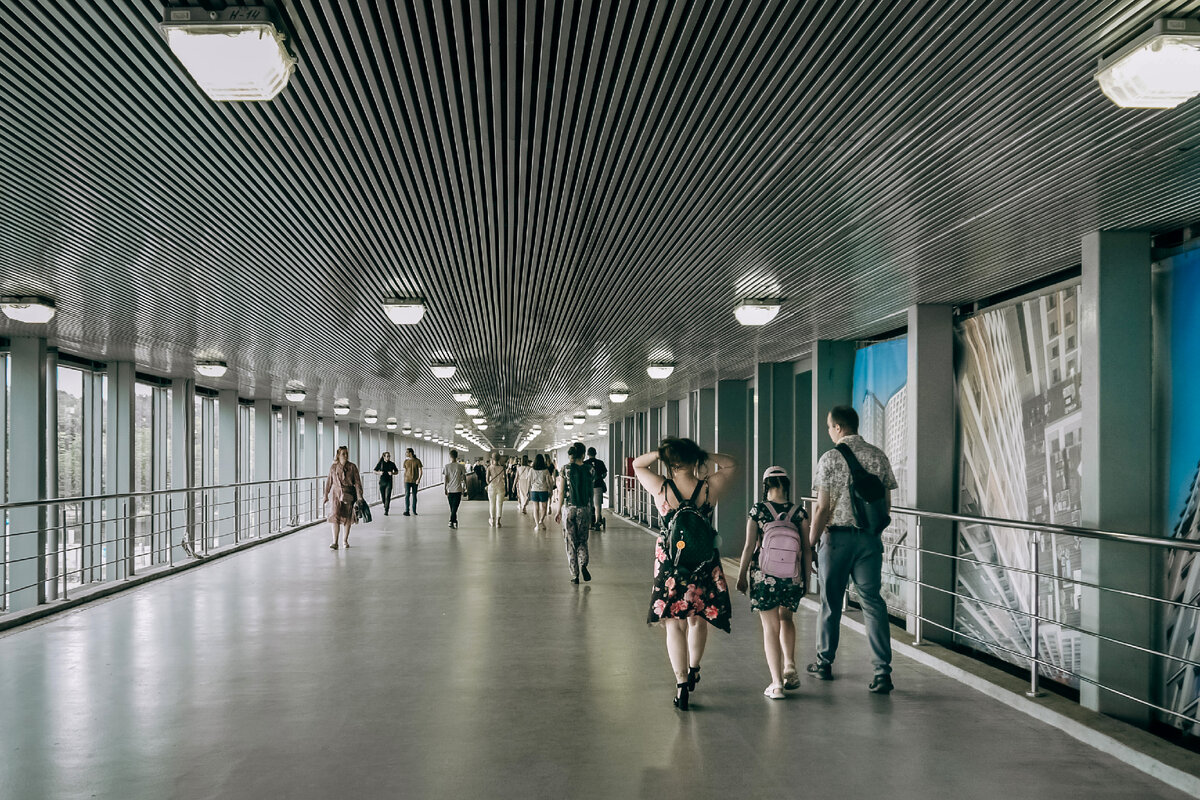 Фото ph_zakharenkova, июль 2023. Станция метро Технопарк, крытый надземный стеклянный переход, ну очень длинный