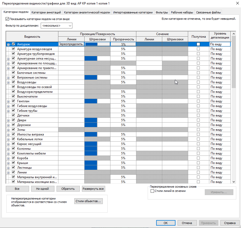 Рис.1 Переопределение видимости графики для вида в модели КР