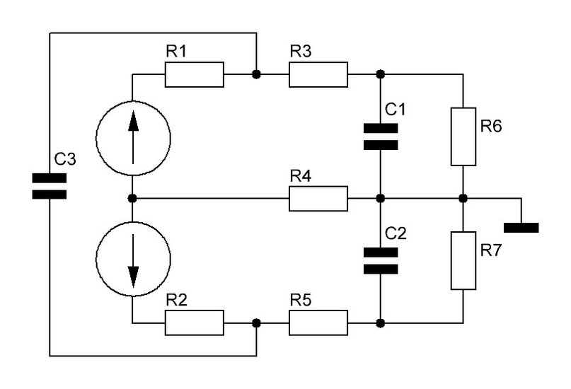 R1, R2 — внутреннее сопротивление источника; R3, R4, R5 — сопротивление провода левого, общего и правого каналов акустического кабеля соответственно; R6, R7 — входное сопротивление УНЧ; C1, C2 — емкость между проводами левого и общего, правого и общего каналов соответственно; C3 — емкость между проводом левого и правого каналов.