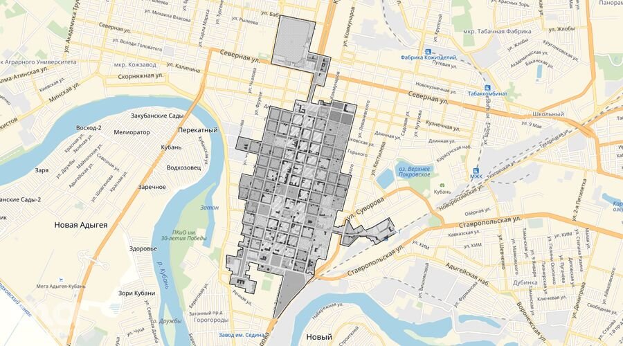 Условные границы исторического центра Краснодара на карте