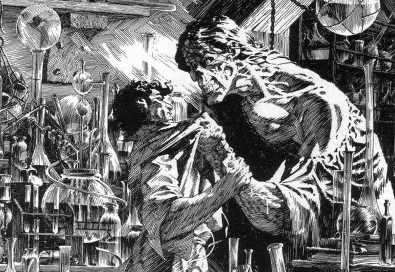 Виктор Франкенштейн и его творение. Иллюстрация Берни Райтсона к роману Мэри Шелли