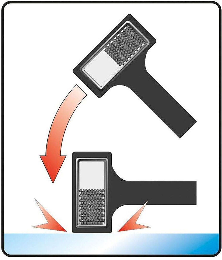 На изображении показано действие данного безынерционного молотка. При ударе он не дает отдачи и будто прилипает к поверхности.