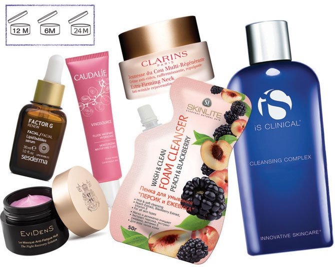 
 Сыворотка Factor G, Sesderma; ночная маска The Night Recovery Mask,  Evidens de Beaute; матирующий флюид Vinosource, Caudalie; крем для шеи  Extra-Firming Neck, Clarins; пенка для умывания «Персик и ежевика»,  Skinlite; гель для умывания Cleansing Complex, is Clinical.