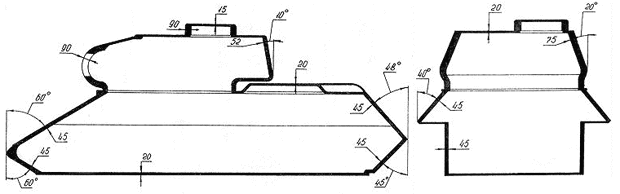 Схема бронирование Т-34. Рациональный наклон бронелистов позволил при относительно небольшой их толщине добиться высокой защищенности танка.