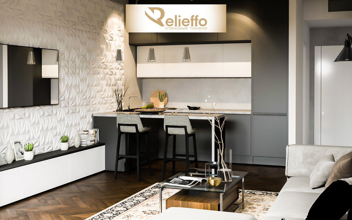 Дизайн-проект кухни в квартире студии с использованием стеновых 3D панелей “Luxor” от бренда "Relieffo"