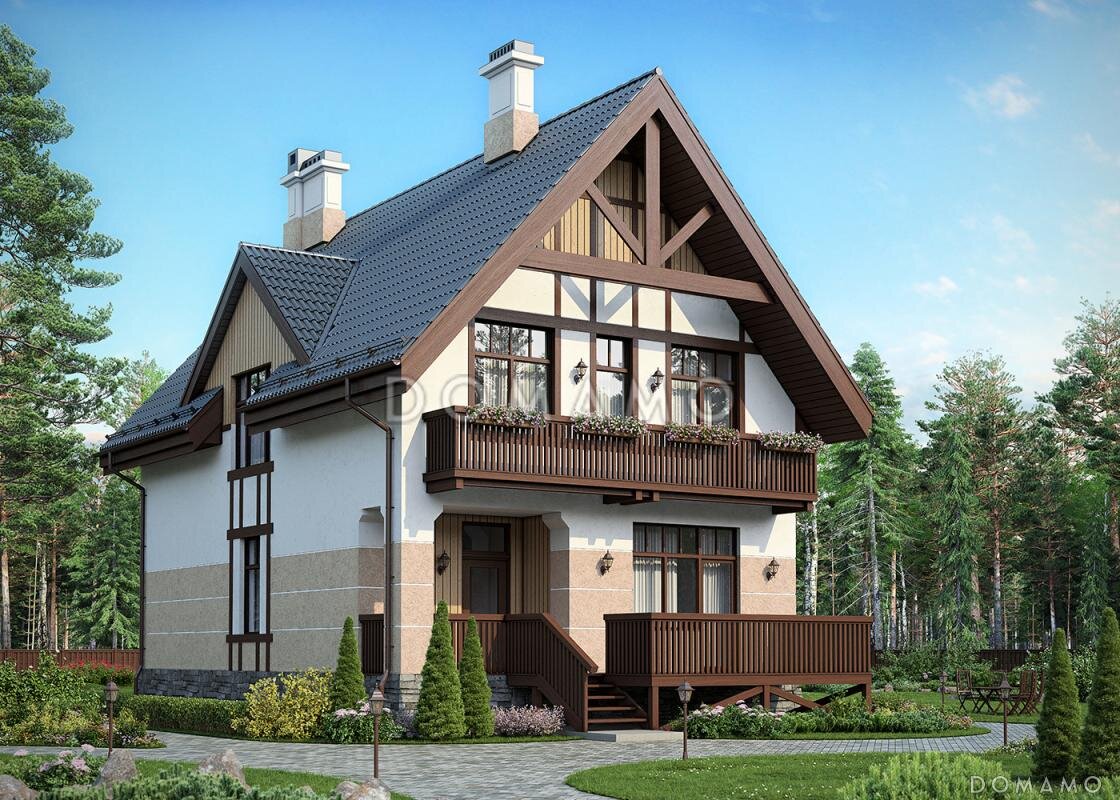 Проект дома в стиле фахверк с тремя спальными комнатами, кабинетом и небольшим балконом (проект D468 на сайте domamo.ru)