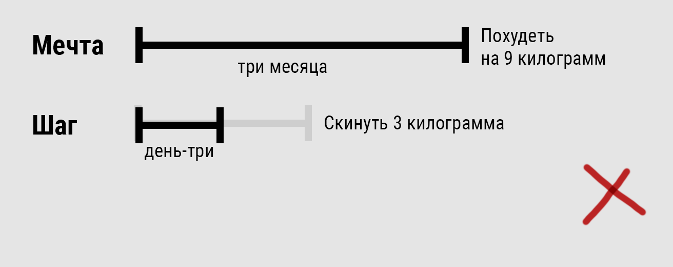 Один шаг принимает размер цели. Человек пытается за три дня выполнить то, что реально сделать только за месяц.