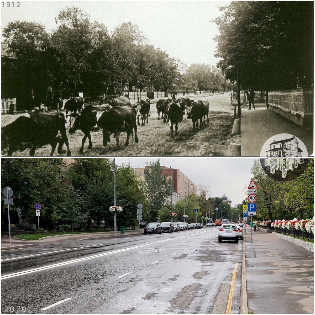 Донская улица от Ризположенского переулка (ул. Академика Петровского), в сторону Донского Монастыря, справа ограда церкви Ризположения. 