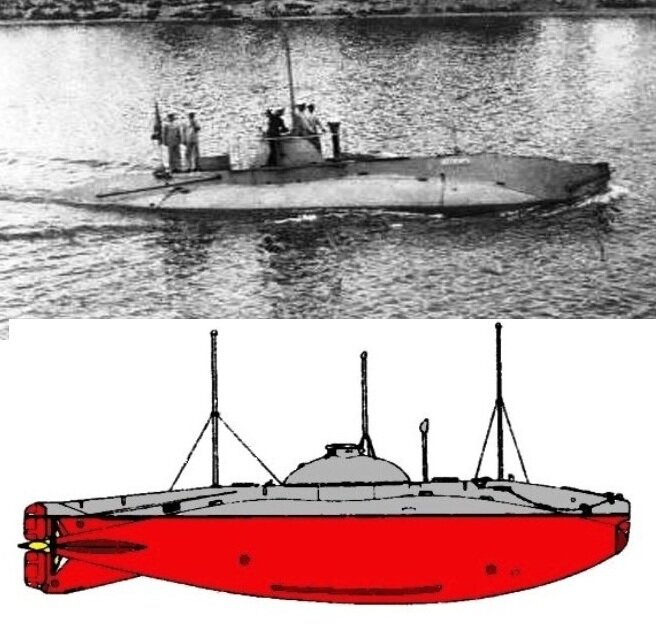 Водоизмещение: надводное 105 т, подводное 124 т. Размеры 20.4x3,5x3 м. Бензиновый двигатель 160 л.с., электромотор 60 л.с. Скорость: надводная 9 узлов, подводная 4,5 узлов. Вооружение: 1х450 мм торпедный носовой аппарат. Экипаж 22 человека.
