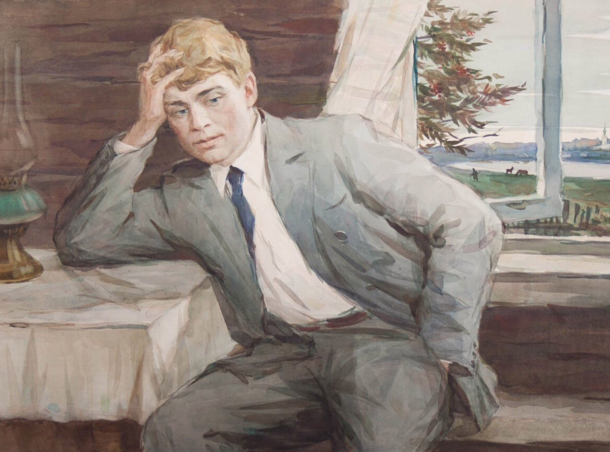 Рисунок, изображён Сергей Есенин в деревянном деревенском доме.