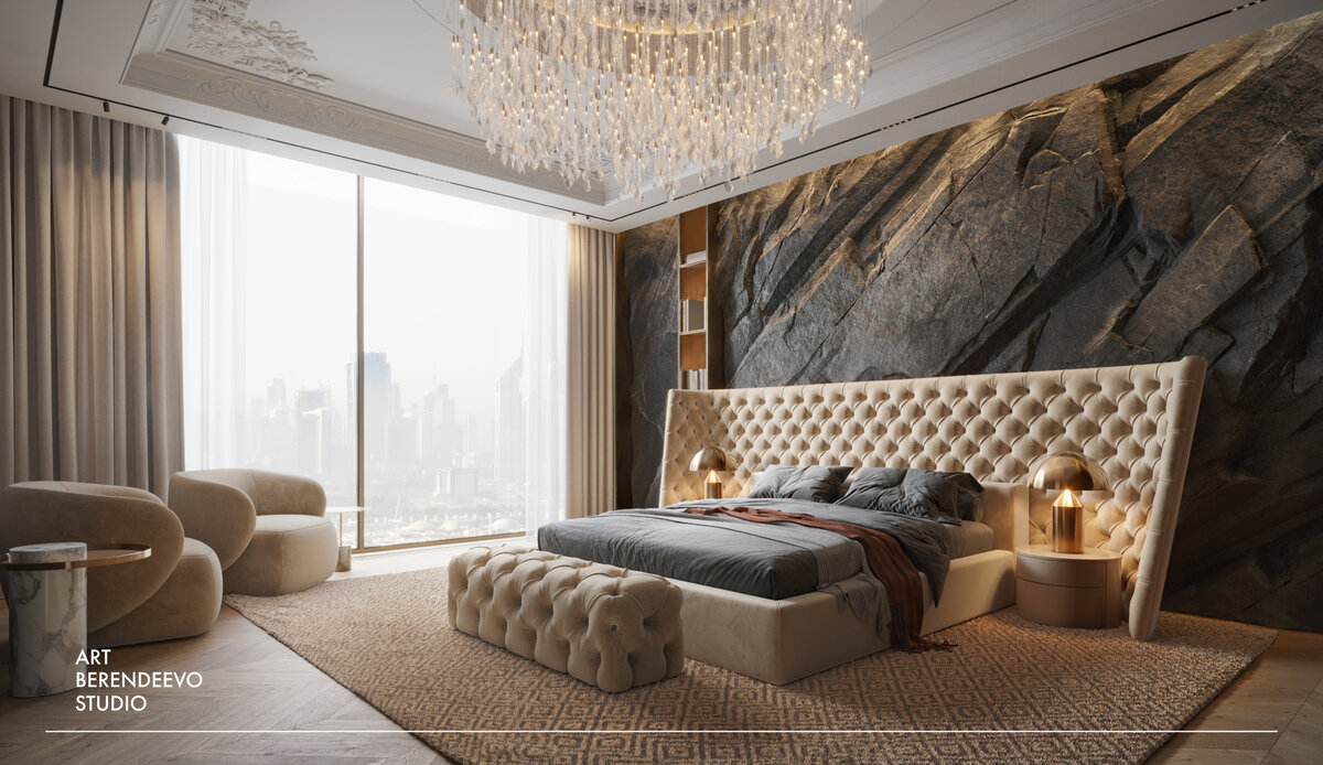 Пример отделки акцентной стены имитацией скалы из художественного бетона | ART BERENDEEVO STUDIO