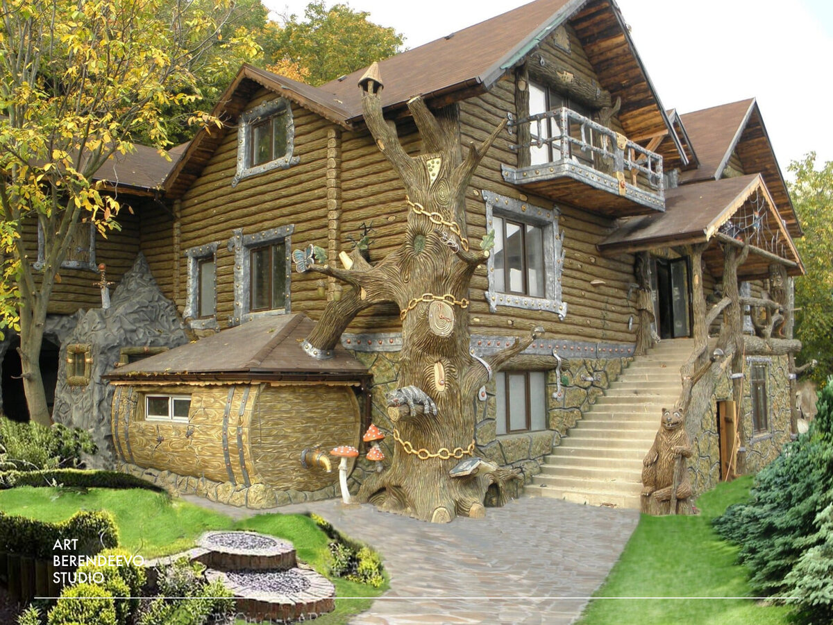 Облицовка фасада дома арт бетоном: имитация деревянного сруба и каменной кладки | ART BERENDEEVO STUDIO