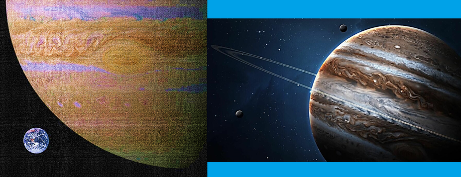 Слева - сравнительное фото Земли (внизу) и Юпитера. Справа - тонкие кольца Юпитера, образованные его огромной осевой скоростью вращения.