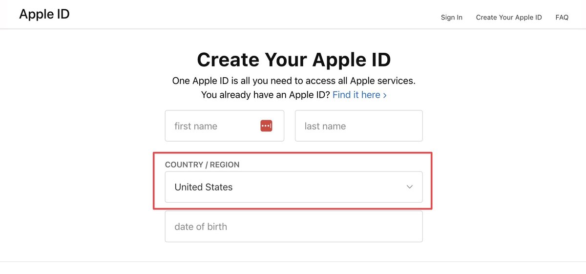 Выбор Страны/Региона при создании нового Apple ID