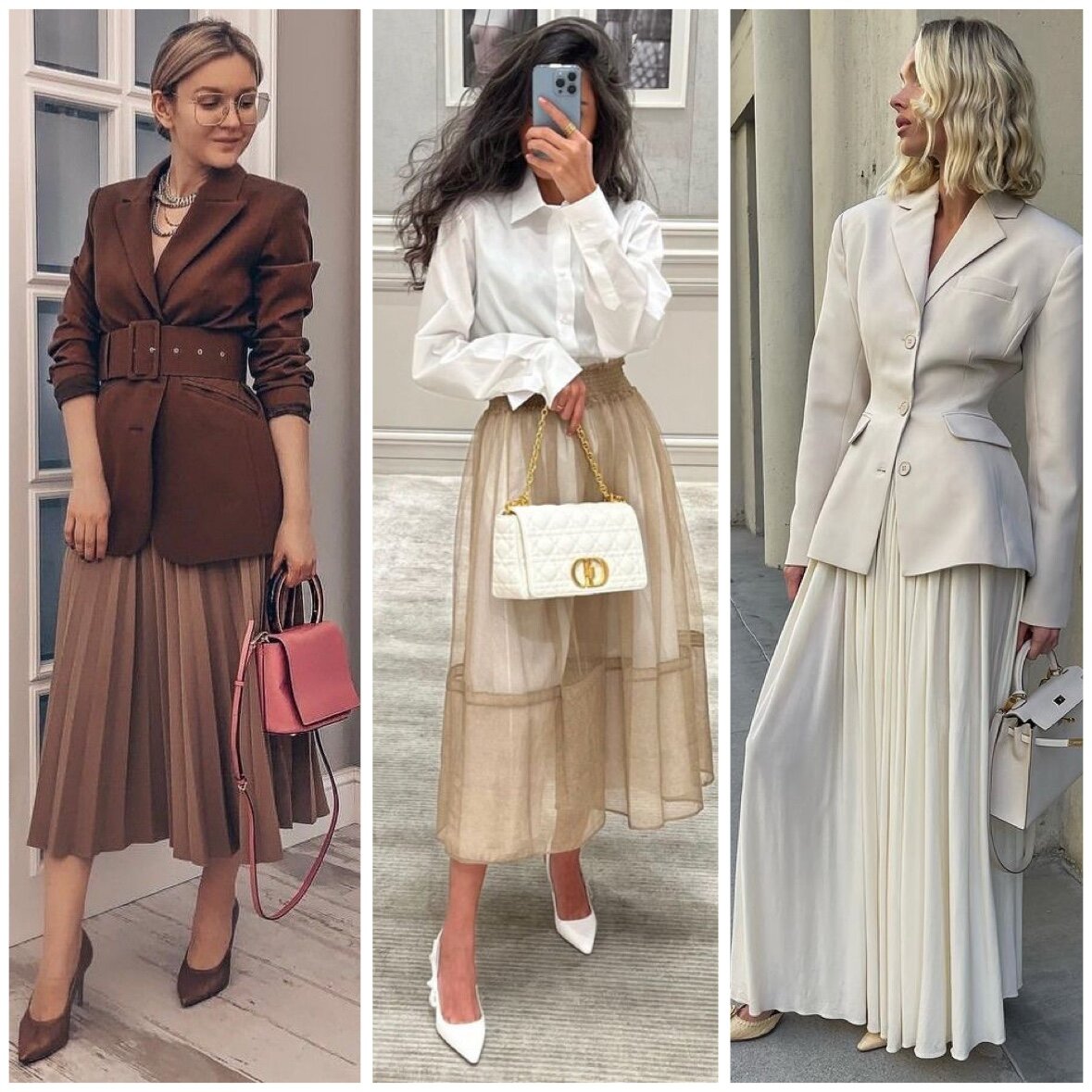 Плиссированная юбка + жакет или рубашка + туфли лодочки  + небольшая сумка, держащая форму (НЕ МЯГКАЯ) отлично вытянут силуэт, скроют зону живота и подчеркнут ваши сексуальные щиколотки / pinterest.com